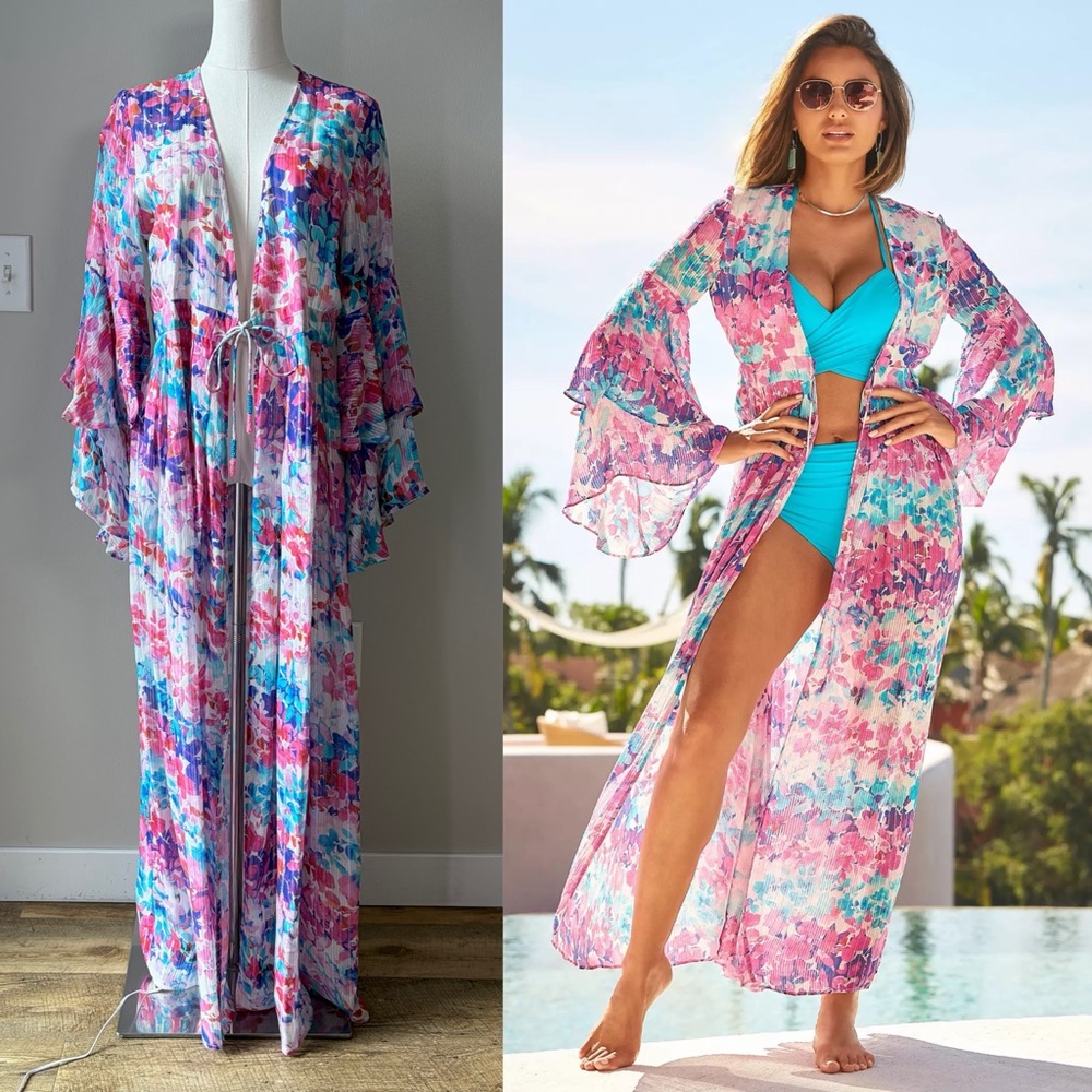 Boston Proper Watercolor Garden Print Shimmer Metallic Duster Long Line Cover Up
